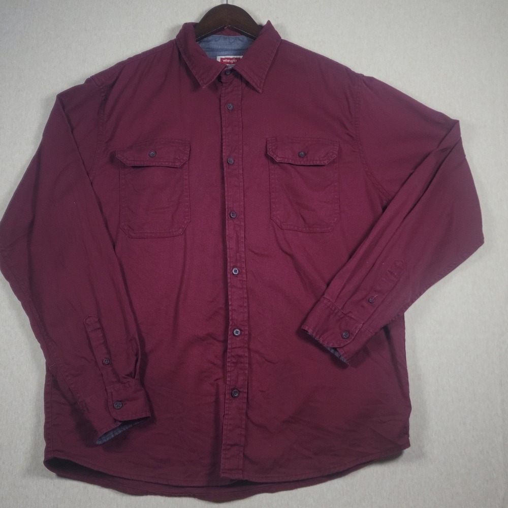 Wrangler Workwear Canvas Shirt Large Burgundy Red Flex Heavy Duty Outdoor L